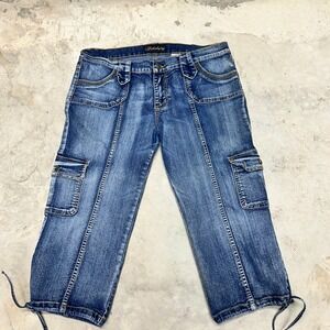 Fabulosity Denim Capri Pants Women's Size 13 Blue Cargo Pockets‎ Drawstring Hem